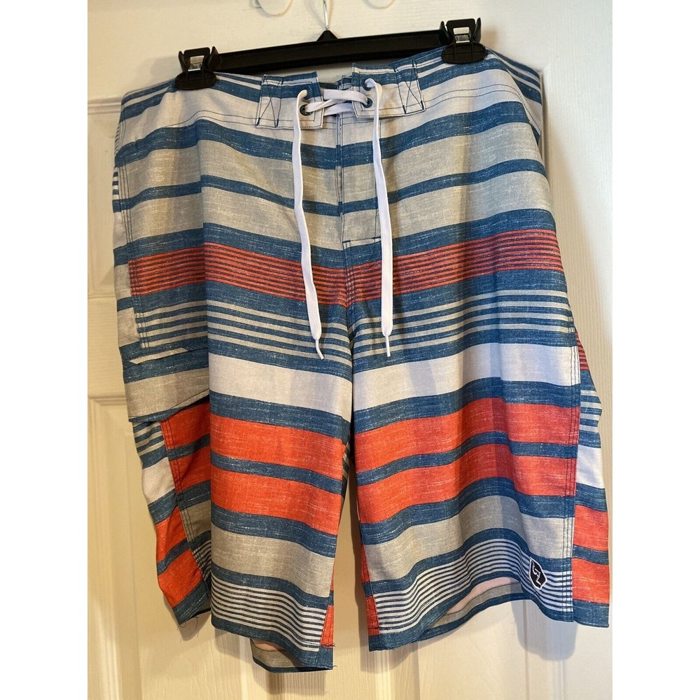 EZEKIEL Men's Size 33 Unlined Board Shorts Swim Trunks Striped Blue Red Gray
